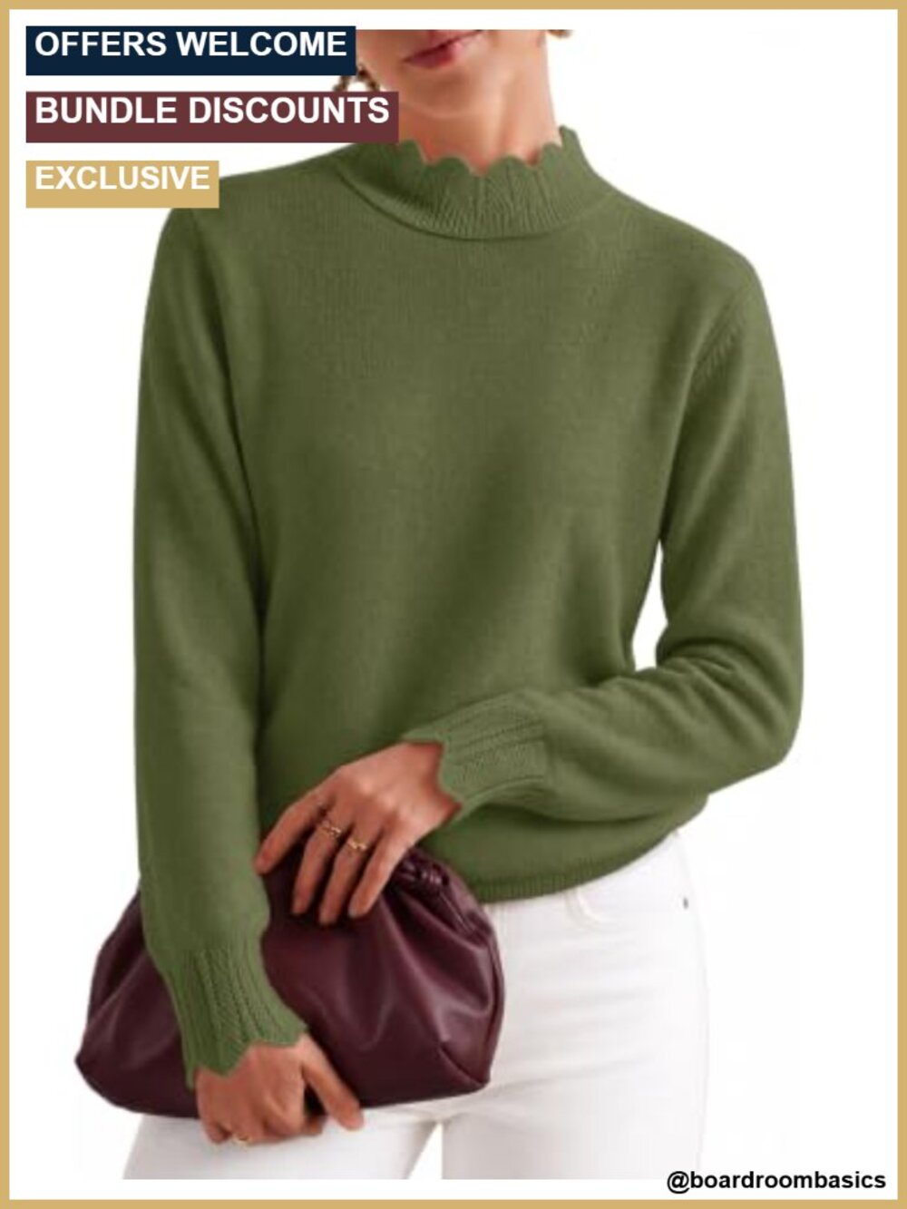 Scalloped Mock Neck Pullover Sweater Puff Long Sleeve Women's Knit Top